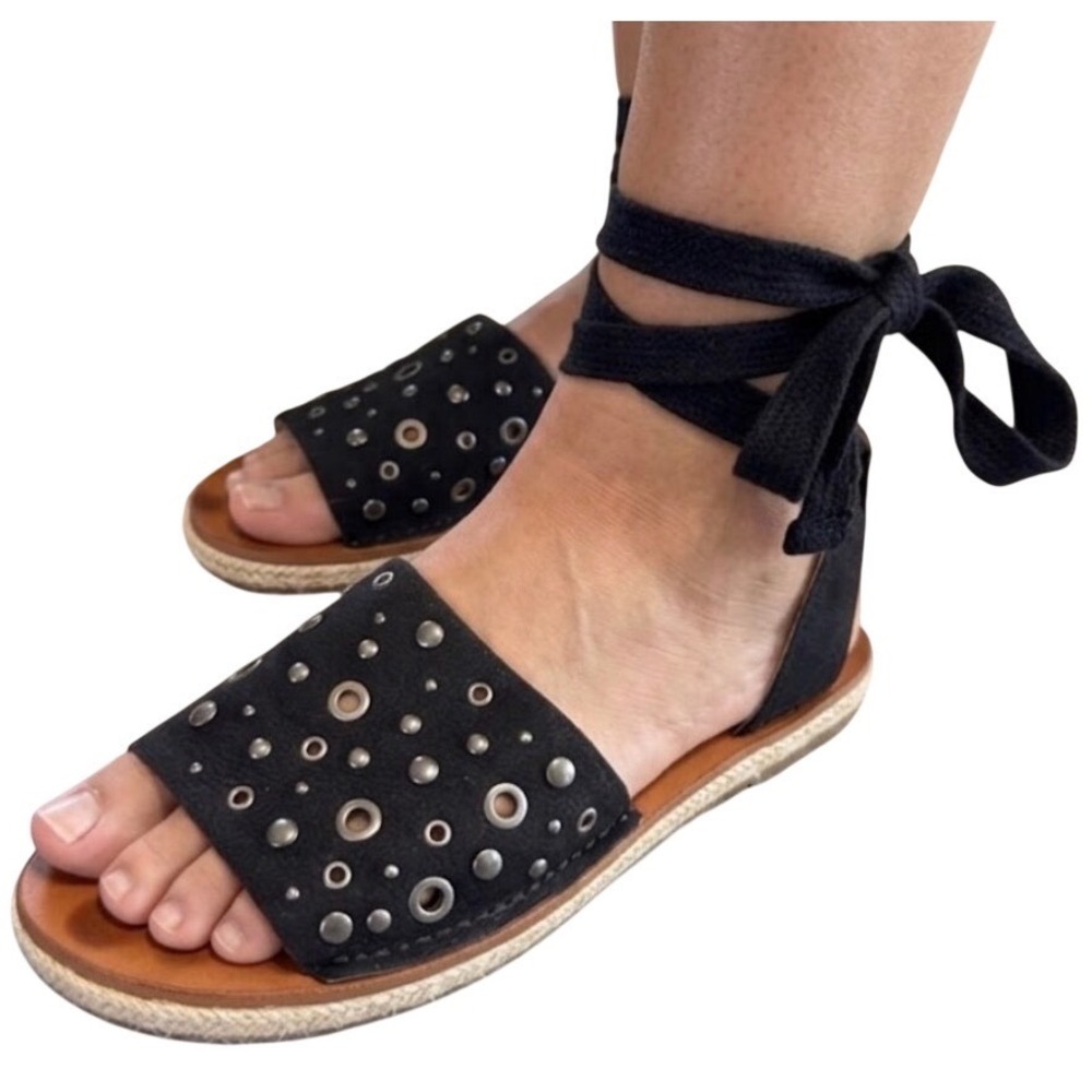 Lucky Brand Daytah 2‎ Black Leather Studded Ankle Tie Espadrille Sandals 6M
